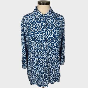Charter Club Womens XL Button Front Blue White Print Top Nylon Spandex